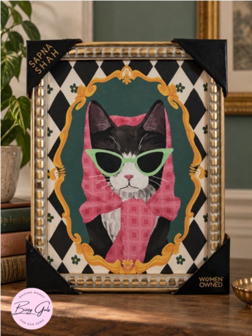 Sapna Shah Cat Headscarf Sunglasses Harlequin Diamond Background